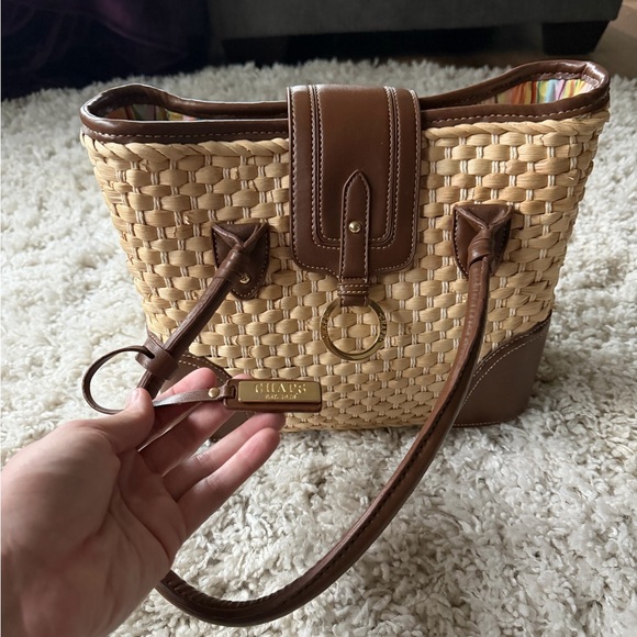 Chaps Woven Tote with Brown Designer Buckle Cute Beautiful Bag with Accents - Picture 2 of 6